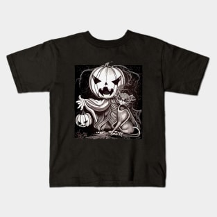 Pumpkin face scary with cat in dark forest and full moon, cute Halloween in dark atmosphere Kids T-Shirt